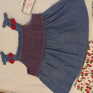 Little Lass 3 PC Blue Baby Dress w/Red Accents White W/Cherries Panty/Hat 18M